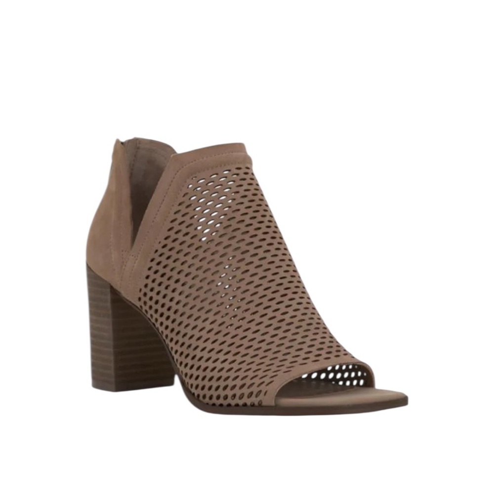 New Vince Camuto Women's Katnina Brown Open Toe Leather Bootie Block Heel Sandal
